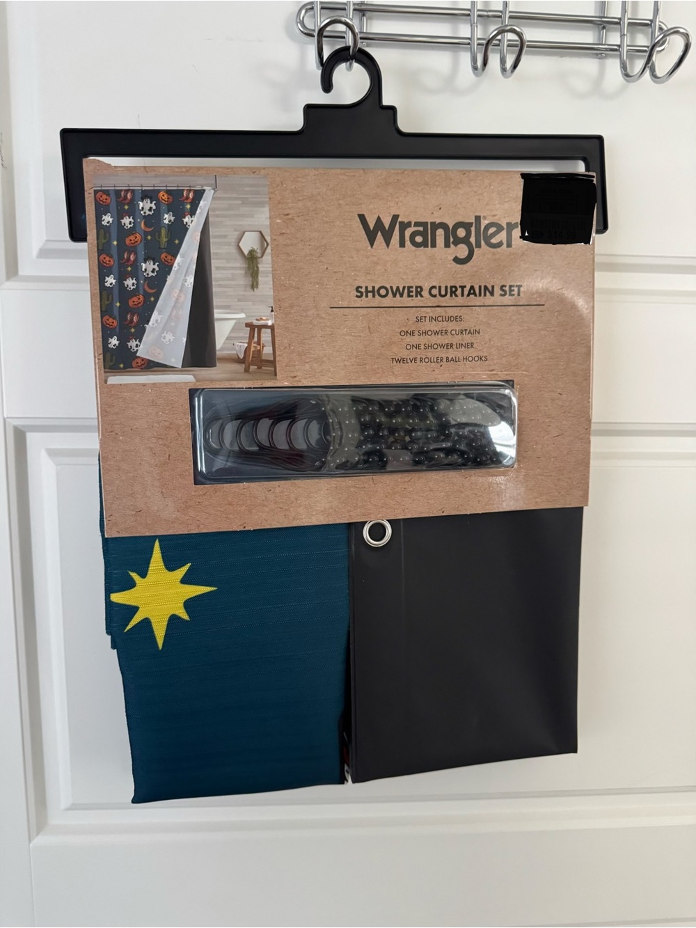 Wrangler Halloween Teal & Black Shower Curtain Set with Yellow Star Accent